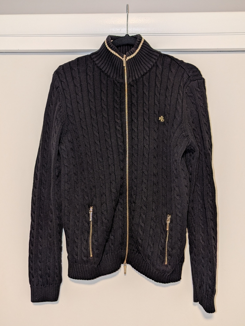 Lauren Ralph Lauren Black Cable Knit Full Zip Sweater